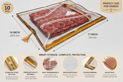 Set of 10 Pc Transparent Saree Covers with Stainless Steel Zip Lock for Storage and Travel (18x14 Inches) in Saudi Arabia