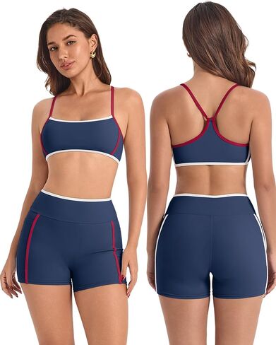 Workout Sets for Women 2 Piece Summer High Waist Yoga Outfits Gym Shorts and Sports Bra Athletic Clothing with Pockets in Saudi Arabia