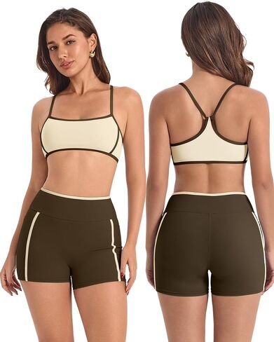 Workout Sets for Women 2 Piece Summer High Waist Yoga Outfits Gym Shorts and Sports Bra Athletic Clothing with Pockets in Saudi Arabia