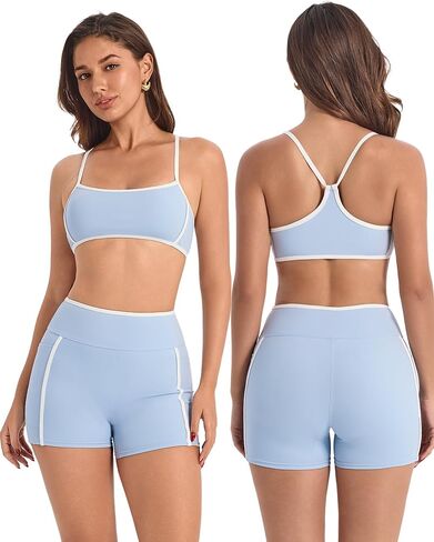 Workout Sets for Women 2 Piece Summer High Waist Yoga Outfits Gym Shorts and Sports Bra Athletic Clothing with Pockets in Saudi Arabia