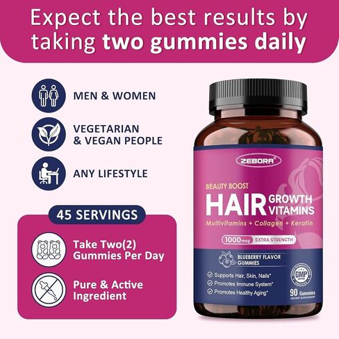 ZEBORA Biotin Gummies with Hyaluronic Acid, Keratin and Collagen – Extra Strength Hair Skin and Nails Vitamins for Women - Hair Growth Women and Men - 90 Blueberry Gummies in Saudi Arabia