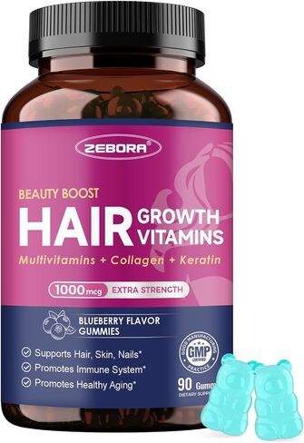ZEBORA Biotin Gummies with Hyaluronic Acid, Keratin and Collagen – Extra Strength Hair Skin and Nails Vitamins for Women - Hair Growth Women and Men - 90 Blueberry Gummies in Kuwait