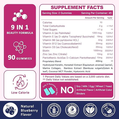 ZEBORA Biotin Gummies with Hyaluronic Acid, Keratin and Collagen – Extra Strength Hair Skin and Nails Vitamins for Women - Hair Growth Women and Men - 90 Blueberry Gummies in Saudi Arabia