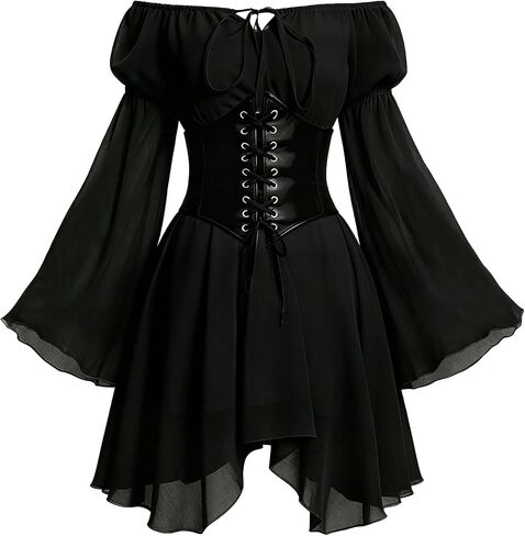 Corset Dress for Womens Off Shoulder Bell Long Sleeve Summer Lace Up Flowy Fairy Mini Bustier Dresses in Saudi Arabia