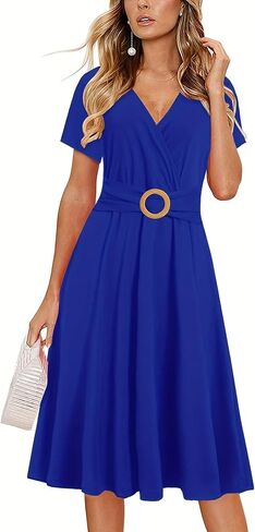 Womens Elegant Criss-Cross V Neck Vintage Short Sleeve Work Casual Party Swing Tea Dress with Pockets DS980 in Kuwait