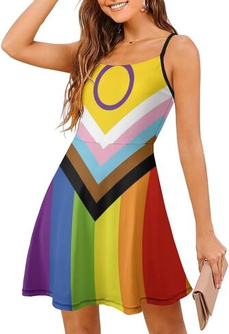 New Intersex Inclusive Progress Pride Flag Women's Sling Dress Sleeveless Summer Beach Short Dress in Saudi Arabia