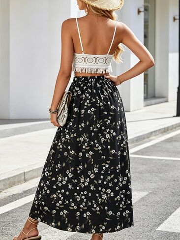 Women's Floral Maxi Skirt Elastic High Waist Boho Flowy A-Line Summer Beach Style in Kuwait