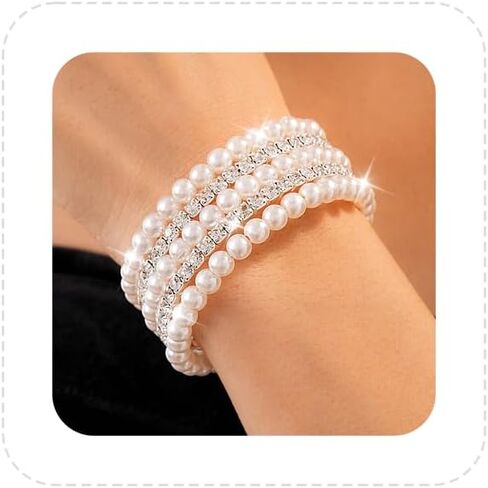 Chunky Pearl Layered Bracelet for Women 1920s Vintage Rhinestone Multilayer Beaded Bangle Dainty Imitation Pearl Crystal Wrap Cuff Jewelry for Wedding Party in Saudi Arabia