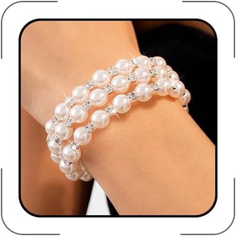 Chunky Pearl Layered Bracelet for Women 1920s Vintage Rhinestone Multilayer Beaded Bangle Dainty Imitation Pearl Crystal Wrap Cuff Jewelry for Wedding Party in Kuwait