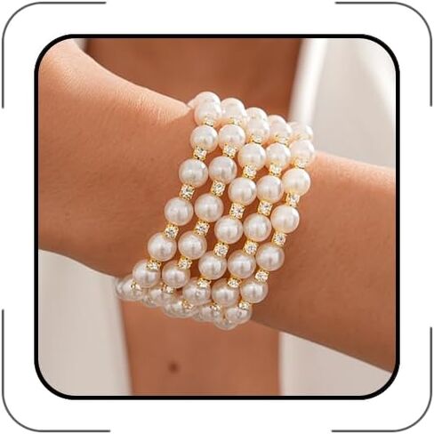 Chunky Pearl Layered Bracelet for Women 1920s Vintage Rhinestone Multilayer Beaded Bangle Dainty Imitation Pearl Crystal Wrap Cuff Jewelry for Wedding Party in Kuwait