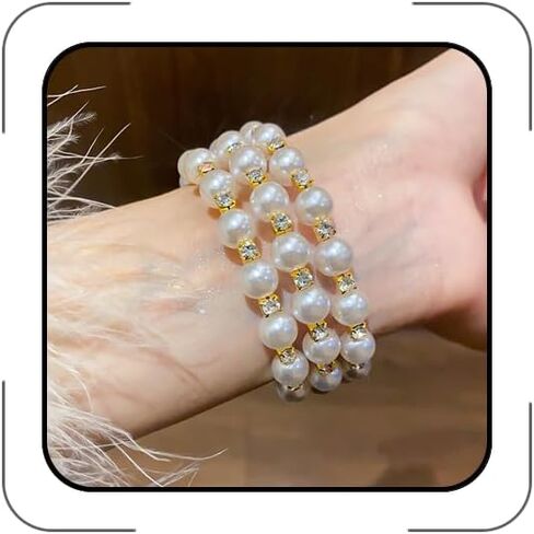 Chunky Pearl Layered Bracelet for Women 1920s Vintage Rhinestone Multilayer Beaded Bangle Dainty Imitation Pearl Crystal Wrap Cuff Jewelry for Wedding Party in Kuwait