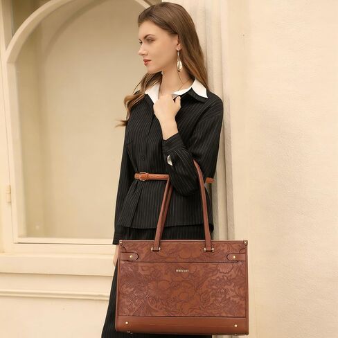 MOSISO Laptop Tote Bag for Women, 15.6 inch Large Capacity Vintage Leather Work Bag with Clutch Purse, Front Embossed Retro Hibiscus Shoulder Computer Bags Work Briefcase for Office Casual, Brown in Kuwait