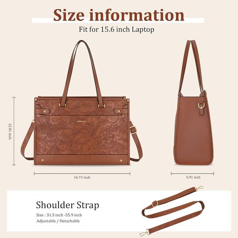 MOSISO Laptop Tote Bag for Women, 15.6 inch Large Capacity Vintage Leather Work Bag with Clutch Purse, Front Embossed Retro Hibiscus Shoulder Computer Bags Work Briefcase for Office Casual, Brown in Kuwait