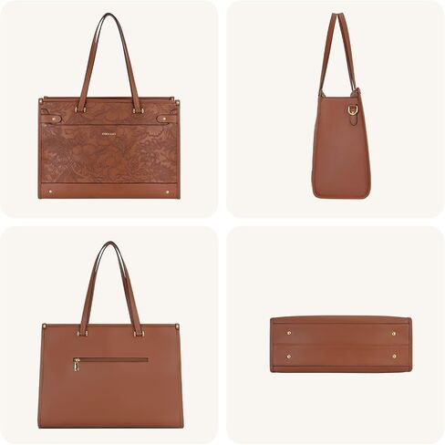 MOSISO Laptop Tote Bag for Women, 15.6 inch Large Capacity Vintage Leather Work Bag with Clutch Purse, Front Embossed Retro Hibiscus Shoulder Computer Bags Work Briefcase for Office Casual, Brown in Kuwait