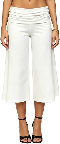 Yiulangde Womens Fold Over Gaucho Pants Culottes Low Rise Capris Foldover Flowy Going Out Flare Bottoms Wide Leg Capri Pants in Kuwait