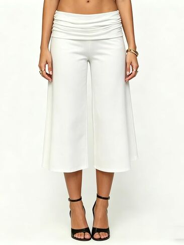 Yiulangde Womens Fold Over Gaucho Pants Culottes Low Rise Capris Foldover Flowy Going Out Flare Bottoms Wide Leg Capri Pants in Kuwait