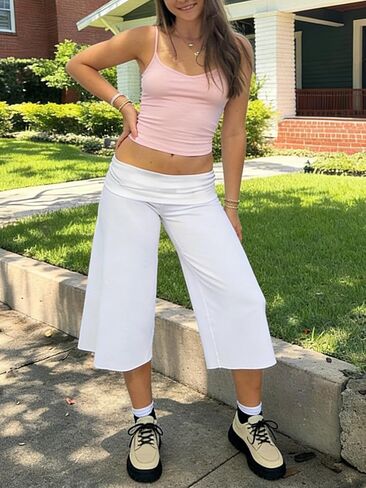 Yiulangde Womens Fold Over Gaucho Pants Culottes Low Rise Capris Foldover Flowy Going Out Flare Bottoms Wide Leg Capri Pants in Kuwait