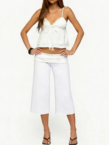 Yiulangde Womens Fold Over Gaucho Pants Culottes Low Rise Capris Foldover Flowy Going Out Flare Bottoms Wide Leg Capri Pants in Kuwait