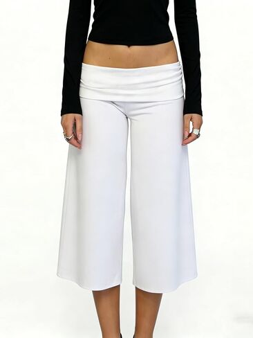 Yiulangde Womens Fold Over Gaucho Pants Culottes Low Rise Capris Foldover Flowy Going Out Flare Bottoms Wide Leg Capri Pants in Kuwait