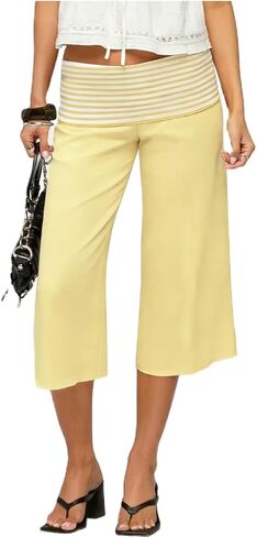Yiulangde Womens Fold Over Gaucho Pants Culottes Low Rise Capris Foldover Flowy Going Out Flare Bottoms Wide Leg Capri Pants in Kuwait