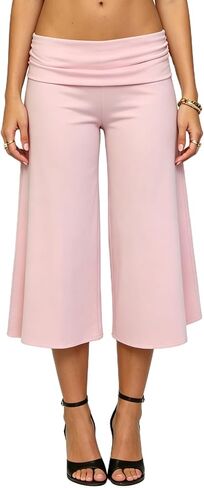 Yiulangde Womens Fold Over Gaucho Pants Culottes Low Rise Capris Foldover Flowy Going Out Flare Bottoms Wide Leg Capri Pants in Kuwait