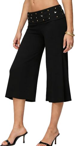 Yiulangde Womens Fold Over Gaucho Pants Culottes Low Rise Capris Foldover Flowy Going Out Flare Bottoms Wide Leg Capri Pants in Kuwait