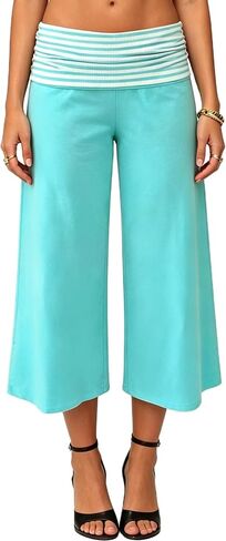 Yiulangde Womens Fold Over Gaucho Pants Culottes Low Rise Capris Foldover Flowy Going Out Flare Bottoms Wide Leg Capri Pants in Kuwait