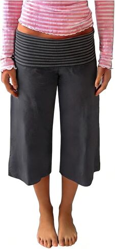 Yiulangde Womens Fold Over Gaucho Pants Culottes Low Rise Capris Foldover Flowy Going Out Flare Bottoms Wide Leg Capri Pants in Kuwait