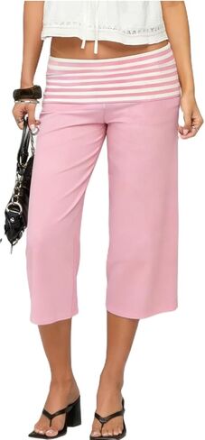 Yiulangde Womens Fold Over Gaucho Pants Culottes Low Rise Capris Foldover Flowy Going Out Flare Bottoms Wide Leg Capri Pants in Kuwait