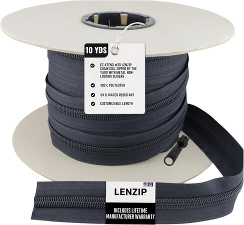 EZ-Xtend #10 Lenzip Chain Ziplon Coil Zipper by The Yard with Non-Locking Sliders. Boat Cushions, Bags, DIY Sewing, Upholstery, Replacement Zipper(10 Yards & 8 Single Pulls) in Kuwait