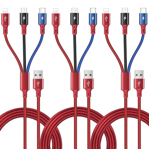 كابل شحن متعدد 3A، ASICEN 3 حزم، 3 أقدام، سلك شاحن USB مجدول من النايلون لمنفذ IP/Type C/Micro USB للهاتف 13 Pro Max/12/11/Xs/X/8/7/6/se/Samsung Galaxy/Huawei/LG/HTC/OnePlus/Tablet in Kuwait