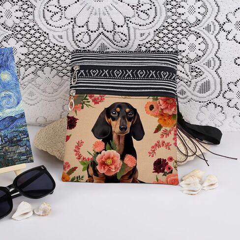 Dachshund Flower Crossbody Bag with Adjustable Strap Cute Dog Print with Garden Flowers for Dog Lover Adults Unique Gift for Sister's Birthday or Christmas Party​​ in Kuwait