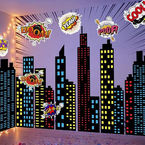 Crtiin 19 Pcs Large Hero City Skyline Wall Decals 12 Comic Words and 7 Large New York Skyline Skyscraper Wall Decal Hero City Buildings Background for Classroom Back to School Hallway Decor in Kuwait