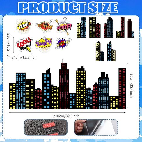 Crtiin 19 Pcs Large Hero City Skyline Wall Decals 12 Comic Words and 7 Large New York Skyline Skyscraper Wall Decal Hero City Buildings Background for Classroom Back to School Hallway Decor in Kuwait