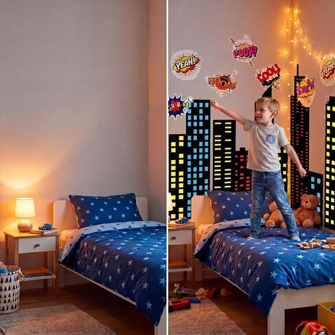 Crtiin 19 Pcs Large Hero City Skyline Wall Decals 12 Comic Words and 7 Large New York Skyline Skyscraper Wall Decal Hero City Buildings Background for Classroom Back to School Hallway Decor in Kuwait