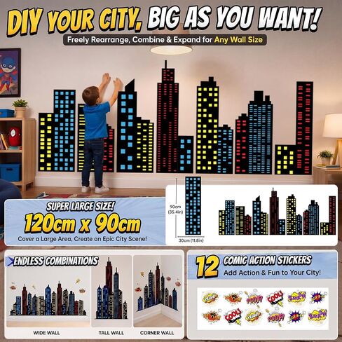 Crtiin 19 Pcs Large Hero City Skyline Wall Decals 12 Comic Words and 7 Large New York Skyline Skyscraper Wall Decal Hero City Buildings Background for Classroom Back to School Hallway Decor in Kuwait
