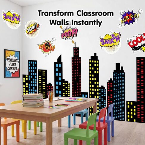 Crtiin 19 Pcs Large Hero City Skyline Wall Decals 12 Comic Words and 7 Large New York Skyline Skyscraper Wall Decal Hero City Buildings Background for Classroom Back to School Hallway Decor in Kuwait
