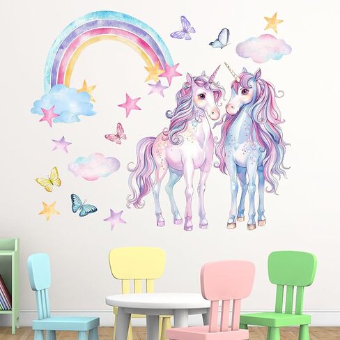Mfault Unicorn Rainbow Wall Decals Stickers, Watercolor Cloud Stars Butterfly Nursery Decorations Kids Bedroom Art, Baby Toddler Girls Boys Room Playroom Decor in Kuwait