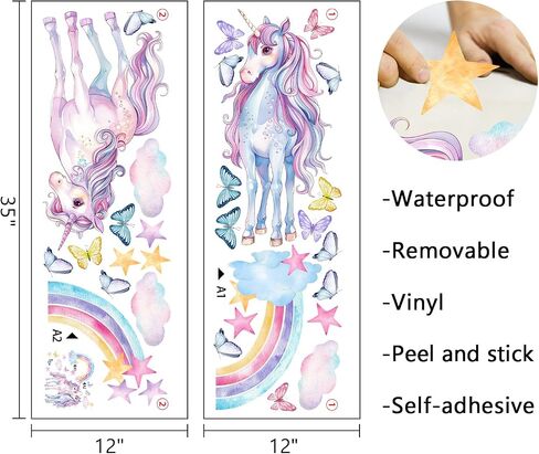 Mfault Unicorn Rainbow Wall Decals Stickers, Watercolor Cloud Stars Butterfly Nursery Decorations Kids Bedroom Art, Baby Toddler Girls Boys Room Playroom Decor in Kuwait