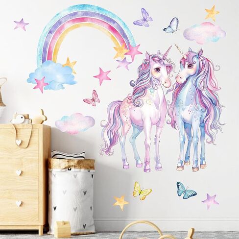Mfault Unicorn Rainbow Wall Decals Stickers, Watercolor Cloud Stars Butterfly Nursery Decorations Kids Bedroom Art, Baby Toddler Girls Boys Room Playroom Decor in Kuwait
