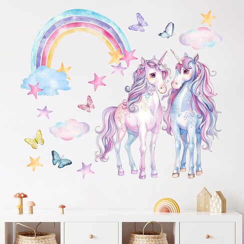 Mfault Unicorn Rainbow Wall Decals Stickers, Watercolor Cloud Stars Butterfly Nursery Decorations Kids Bedroom Art, Baby Toddler Girls Boys Room Playroom Decor in Kuwait