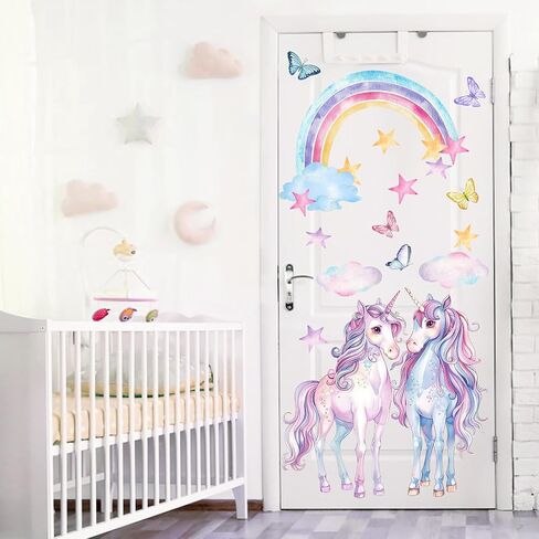 Mfault Unicorn Rainbow Wall Decals Stickers, Watercolor Cloud Stars Butterfly Nursery Decorations Kids Bedroom Art, Baby Toddler Girls Boys Room Playroom Decor in Kuwait