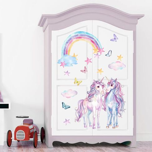 Mfault Unicorn Rainbow Wall Decals Stickers, Watercolor Cloud Stars Butterfly Nursery Decorations Kids Bedroom Art, Baby Toddler Girls Boys Room Playroom Decor in Kuwait