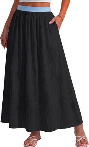 DERAX Womens Summer Flowy Maxi Skirt Boho Elastic High Waist A-Line 2026 Casual Elegant Vacation Long Skirts with Pockets in Saudi Arabia