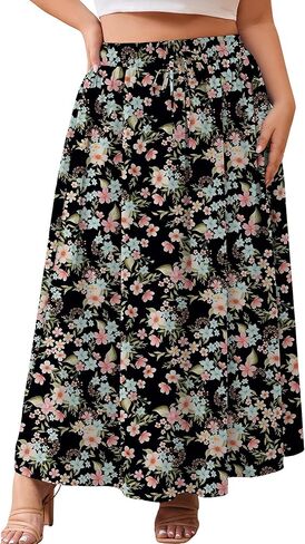 AusLook Plus Size Maxi Skirt for Women High Waisted Elastic Waist Flowy Long Skirt with Pockets Summer Casual Vacation 1X-5X in Saudi Arabia