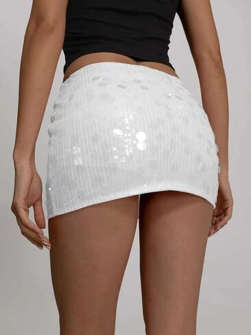 Women's Sequin Mini Skirt Low Waist Bodycon Sexy Sparkly Y2K Short Skirt with Built-in Shorts for Club Night Out in Kuwait