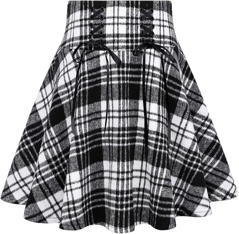 IDEALSANXUN Womens High Waist Lace Up Aline Pleated Wool Gothic Mini Plaid Skirts in Kuwait