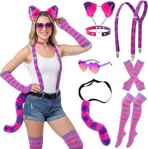 7Pcs Hot Pink Purple Striped Cat Costume Accessories for Women, Furry Cat Ear & Tail Choker Suspenders for Halloween Party in Saudi Arabia
