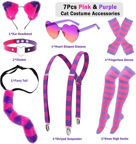 7Pcs Hot Pink Purple Striped Cat Costume Accessories for Women, Furry Cat Ear & Tail Choker Suspenders for Halloween Party in Saudi Arabia
