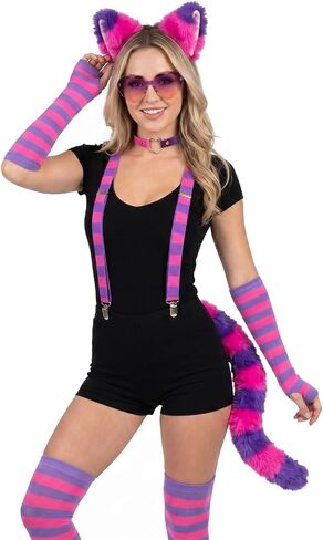 7Pcs Hot Pink Purple Striped Cat Costume Accessories for Women, Furry Cat Ear & Tail Choker Suspenders for Halloween Party in Saudi Arabia